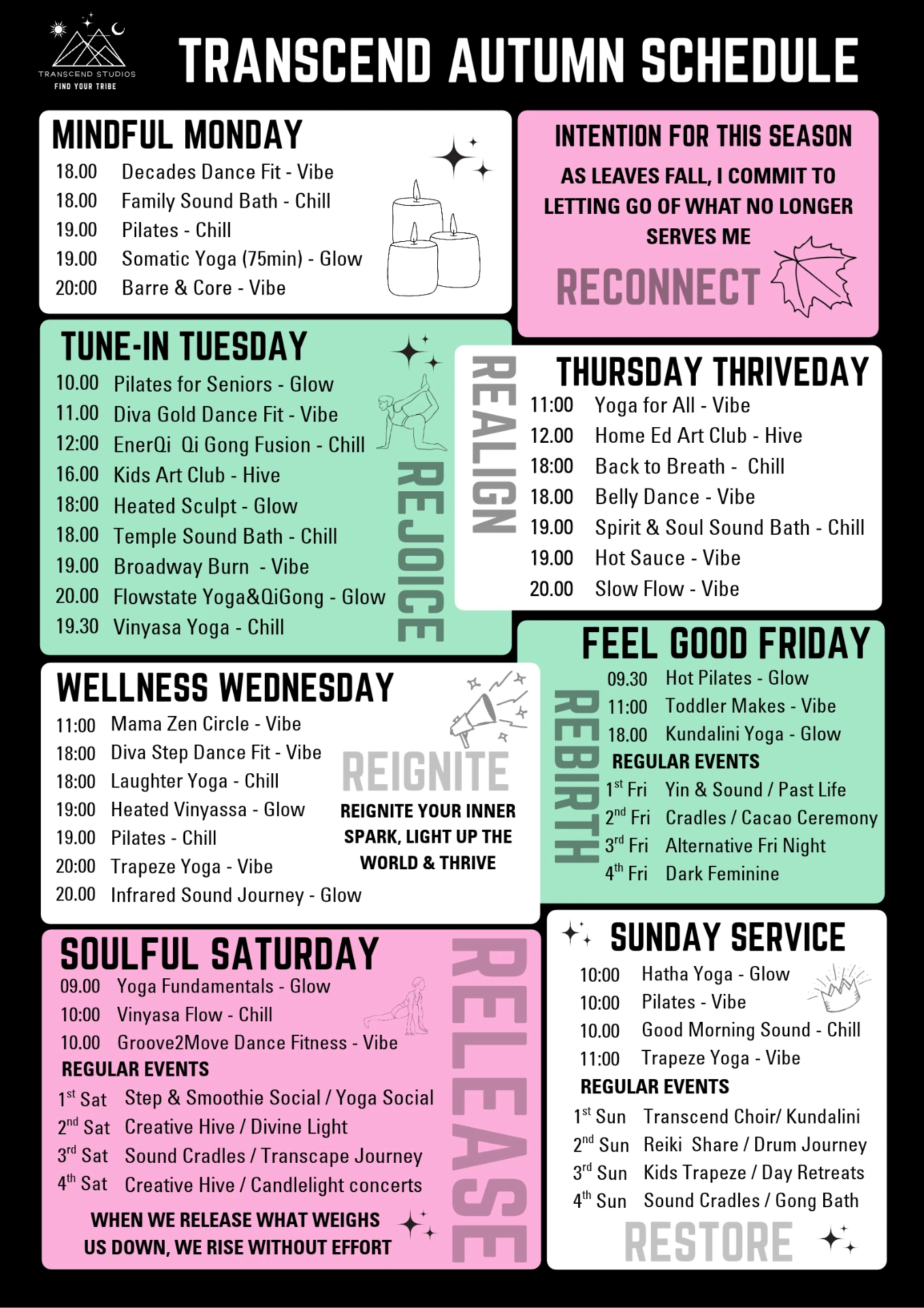 Transcend Studios weekly class timetable — yoga, Pilates, dance fitness and sound sessions in Eccles, Salford
