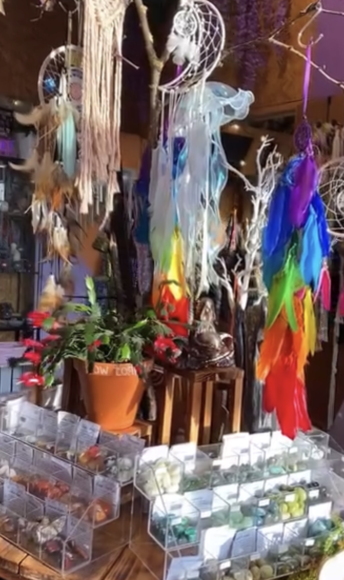 Dreamcatchers and tumbled crystals on display in Moonchi