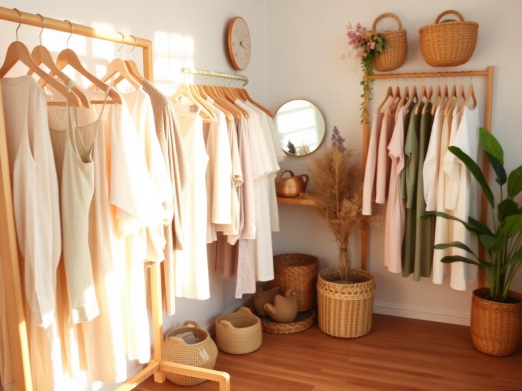Vintage and preloved clothing rail with curated neutral garments