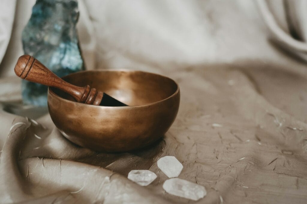 set up for sound healing, including a bowl and some crystals. a good place to start if you wanna try sound healing